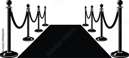 Red carpet pathway with velvet ropes and stanchions silhouette isolated on white background, luxury event entrance concept for cinema, VIP access, premiere and award design