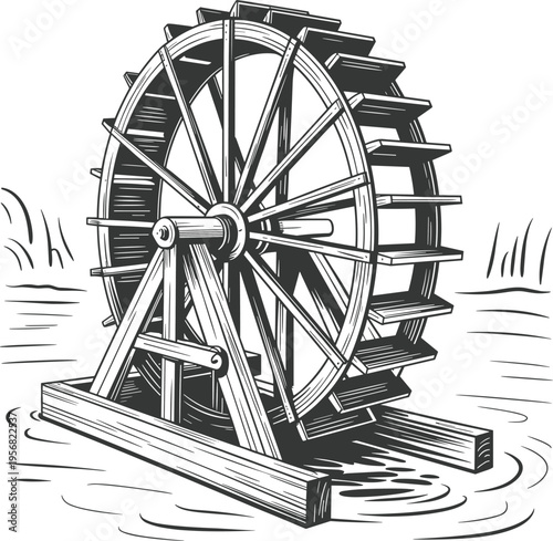 Water wheel vector illustration, vintage wooden mill wheel line art, traditional hydro power machine graphic, black and white rural energy equipment design for history, agriculture and eco use