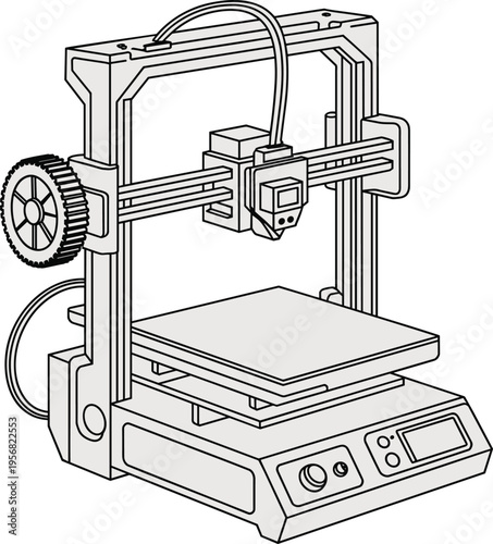 3D printer vector illustration, modern additive manufacturing machine line art, desktop 