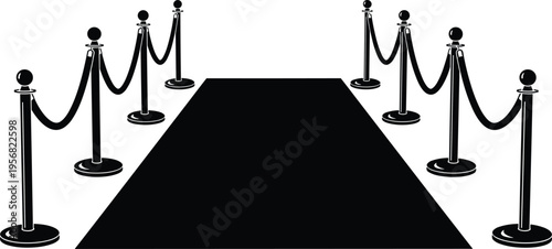 Red carpet with velvet rope barriers and stanchions silhouette isolated on white background, luxury VIP entrance concept for events, cinema premiere and award shows