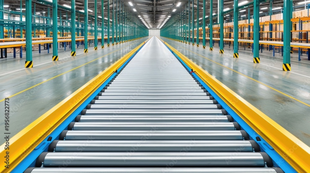 Fototapeta premium Spacious brightly lit industrial warehouse featuring an extensive automated roller conveyor system ideal for logistics distribution and manufacturing ope ns