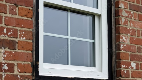 A white window frame on a red brick wall with peeling paint