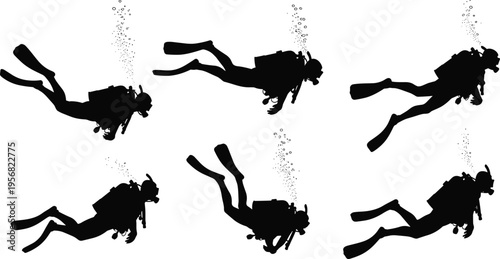Scuba diver silhouettes collection in various underwater positions with air bubbles isolated on white background, diving sport, ocean exploration and marine adventure vector set