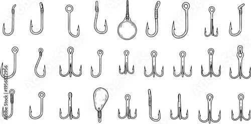 Vintage Engraving Style Set of Fishing Hooks. Hand Drawn Collection of Various Single, Double, Treble Fish Hooks and Jig Heads for Angling Equipment.