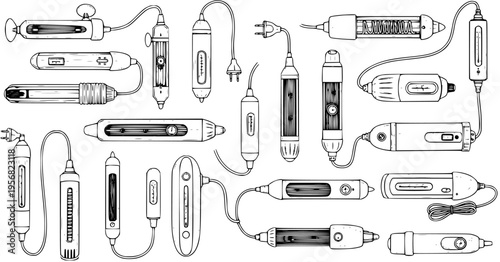 Vintage Medical Electrotherapy Tools: Hand-Drawn Collection