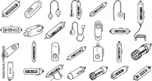 Line art doodle collection of car chargers, USB adapters, hands-free devices, and various portable electronic gadgets. Hand-drawn sketch illustrations.