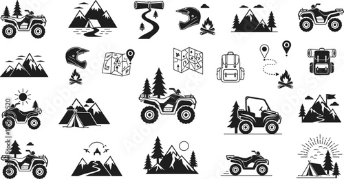 Outdoor Adventure ATV and Camping Icon Set Featuring Mountains, Maps, Trails, Off-Road Vehicles, and Exploration Symbols for Travel and Nature Designs