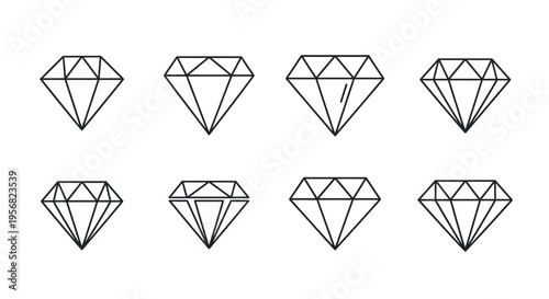 Eight line art diamonds of varying facet arrangements displayed on a white background