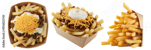 Assorted french fries in paper containers with toppings chips cheese