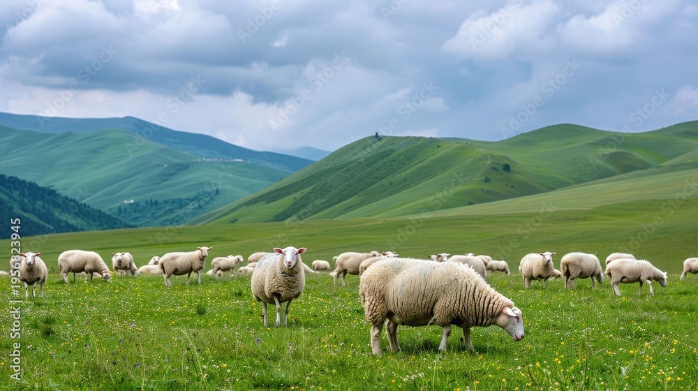 Fototapeta premium Expansive view of a serene rural landscape featuring a flock of fluffy white sheep grazing on vibrant green rolling hills and meadows under a dramatic cloudy sky