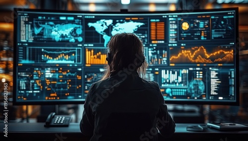 silhouetted operator with headset monitors multiple large curved screens displaying world maps, charts and data dashboards, focused and vigilant in a dim control room