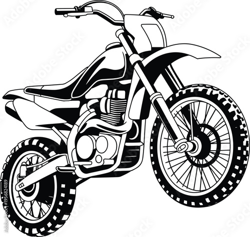 High detail motocross dirt bike vector illustration, black and white off road motorcycle line art, premium racing bike design isolated for print and commercial use