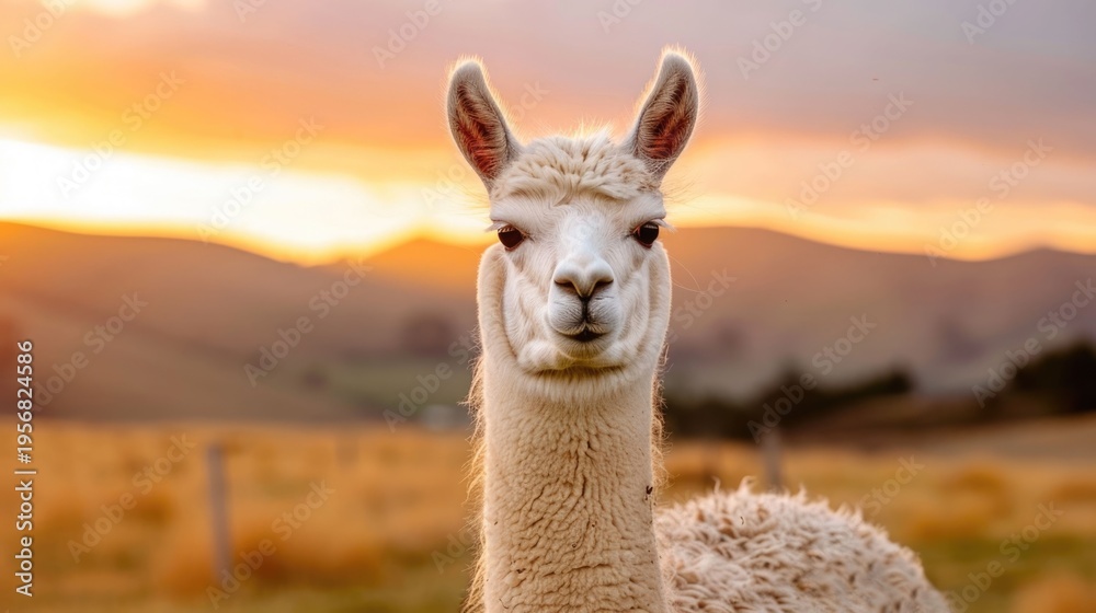 Fototapeta premium A detailed close up portrait of a fluffy white llama s face and neck set against a picturesque rural landscape bathed in the warm
