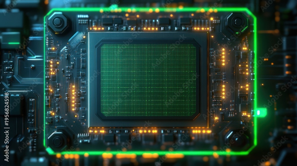Fototapeta premium close-up of a high-tech microchip on a circuit board with glowing green core, orange indicator lights, mounting standoffs and intricate circuitry, futuristic precise electronic energy