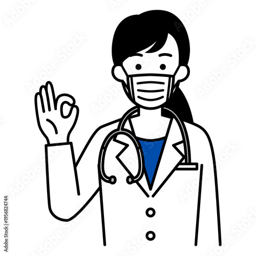 マスクをつけてOKサインをする医師の女性