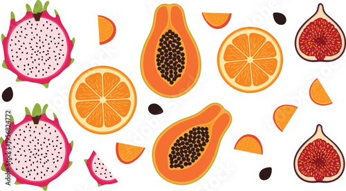 Fresh Tropical Fruit Set with Papaya, Dragonfruit, and Fig Slices, Ideal for Food Designs, Healthy Lifestyle Themes, and Kitchen Decor