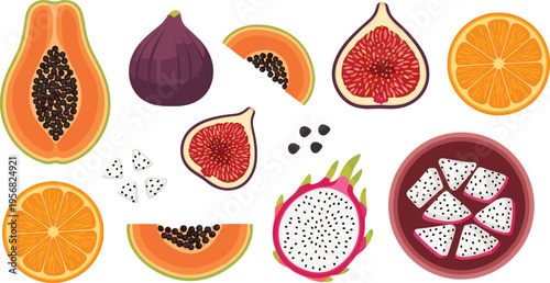 Fresh Tropical Fruits Including Papaya, Fig, Dragonfruit, and Orange Slices, Ideal for Healthy Lifestyle Designs, Food Themes, and Kitchen Decor