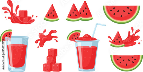 Fresh Watermelon Juice Glass with Splash and Fruit Slices Vector Illustration for Summer Drink Design, Refreshment Concepts, and Healthy Beverage Advertising
