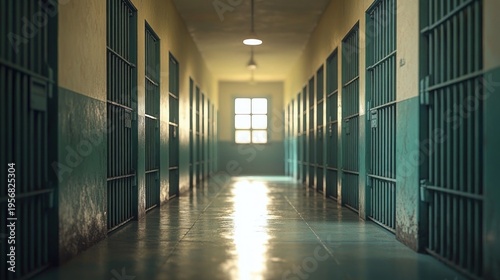 Long narrow prison corridor with rows of barred cell doors, overhead lights and a glowing window at the end, reflective floor creating a somber, lonely and tense atmosphere
