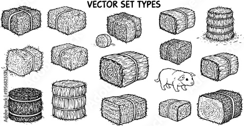Hand-drawn Hay Bales and Pig Vector Set - Farm, Agriculture, Straw, Livestock Sketch Collection
