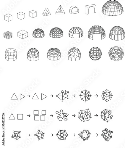 Geodesic Dome and Igloo Construction Vector Set with Geometric Shelter Structures Wireframe Forms and Architectural Development Illustration