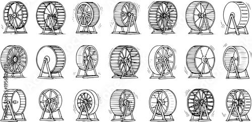 Collection of Hand-Drawn Hamster Wheels Sketch Set. Black and White Doodle Illustration of Rodent Exercise Equipment in Various Angles, Perspectives, and Motion.