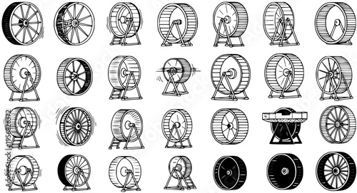 Set of various black and white hand-drawn hamster wheels in different styles, illustrations for pet exercise and activity equipment.