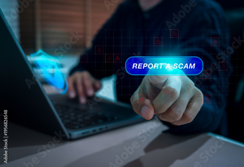 User pressing report a scam button on digital interface with warning icons and cybersecurity shield background. Concept of online fraud reporting, cybercrime prevention, digital security protection.