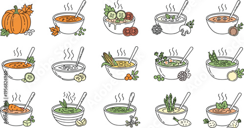 Hand Drawn Autumn Soup Bowl Illustration Set with Pumpkin, Vegetables, Herbs, Spoon, and Cozy Homemade Food Designs