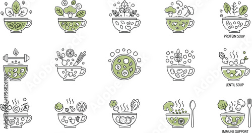 Hand Drawn Healthy Soup and Salad Bowl Illustration Set with Vegetables, Herbs, Spoon, and Fresh Homemade Food Designs