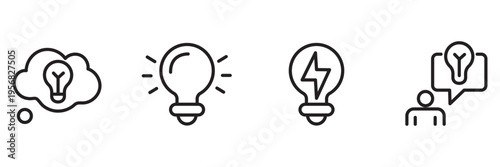 Light bulb icon set solid. Idea and inspiration symbols showing creative thinking and innovation. Energy, insight and solution concepts for business ideas, startups and strategic decision making.