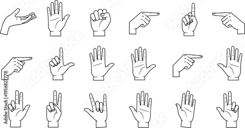 Hand Gesture Line Icon Set Featuring Finger Signs, Directional Hands, Counting Symbols, and Communication Gestures for UI, Apps, Instructional Graphics, and Design Projects