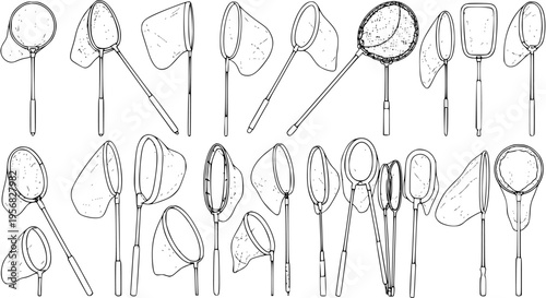 Butterfly Net Collection: Line Art Vector Set with Various Net Shapes and Handle Designs, Ideal for Illustration or Coloring Book Pages.