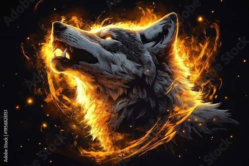 fiery wolf head with glowing eyes and bared fangs surrounded by swirling flames and embers, fierce and powerful against a dark background