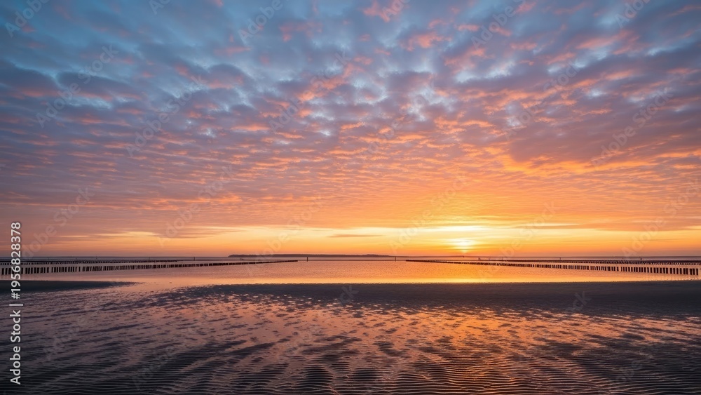 Fototapeta premium A serene sunset over a calm body of water with a vibrant sky