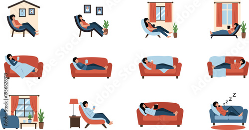 Home Relaxation Lifestyle Illustration Set with People Resting on Sofa Reading Sleeping and Leisure Activities for Comfort Living Interior and Daily Routine Design