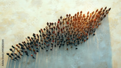 Aerial view of a dense diagonal crowd of diverse people casting long shadows on pale sand, creating a contemplative, organized landscape