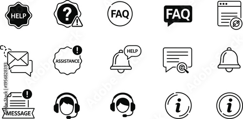 Help, FAQ, Message, and Alert Icons Set for Customer Support, Communication, and Information Systems