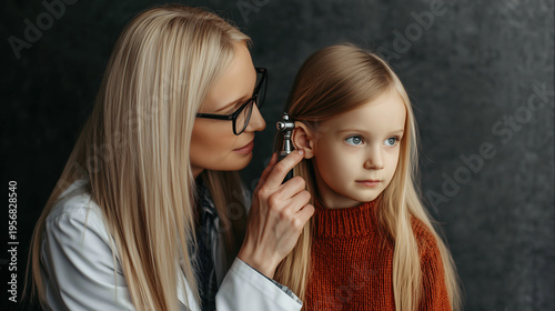 Doctor ear exam of young girl in sweater