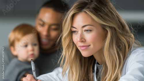 Female doctor with child patient and parent