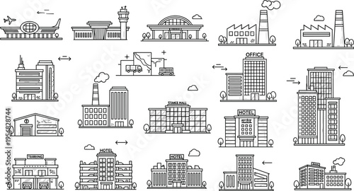 Industrial Building and City Infrastructure Icon Set with Factory Plants, Airport Terminal, Warehouses, Office Towers, and Urban Architecture Outline Symbols