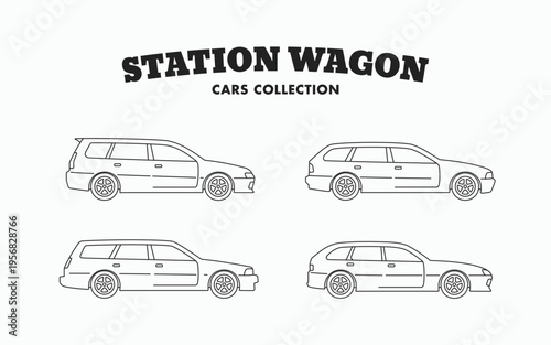 Station wagon car line art icons set. Touring estate car logo collections simple linear style vector illustration