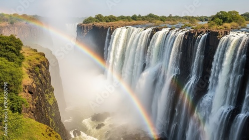 A breathtaking view of a massive waterfall with a vibrant rainbow