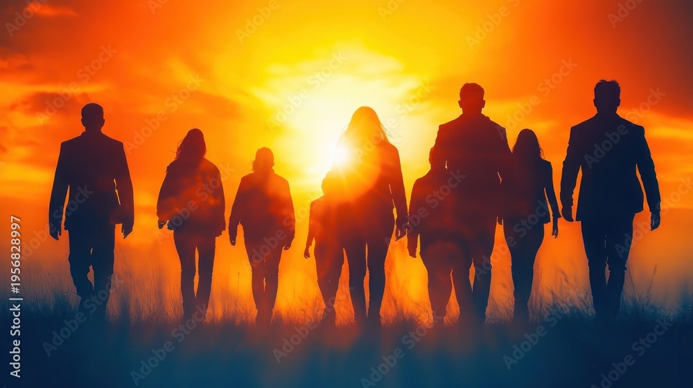 Fototapeta premium silhouetted group walking across a grassy field toward a blazing sunset with orange backlight and an inspiring, determined mood