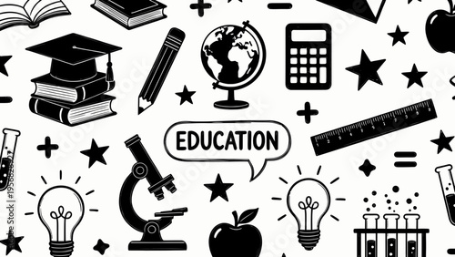 An educational poster displays various learning tools and objects on a white surface.