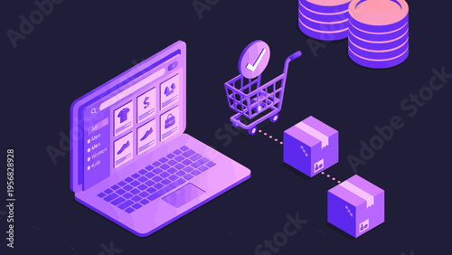 An ecommerce transaction occurs on a laptop with a shopping cart and cubes moving to coins