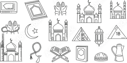 Islamic Culture and Religious Icons Set, Featuring Mosques, Quran, Crescent Moon, Minarets, and Traditional Symbols for Faith and Heritage Designs