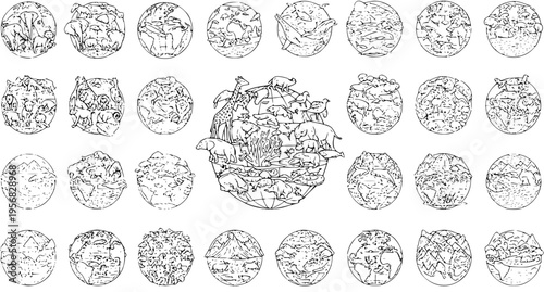 Biodiversity Globes: A Black and White Compilation of Earth's Life