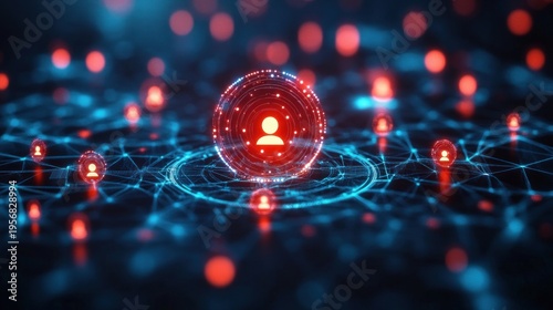 Central glowing user icon inside a holographic red sphere surrounded by interconnected glowing user nodes on a blue digital grid, conveying connectivity and futuristic vigilance