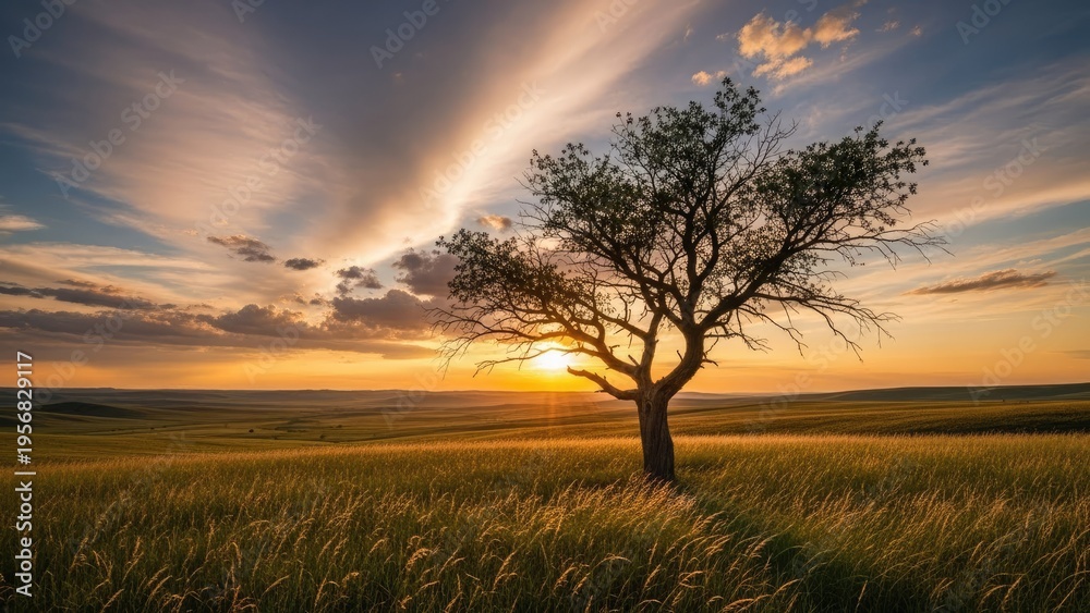 Fototapeta premium A lone tree stands in a serene field at sunset